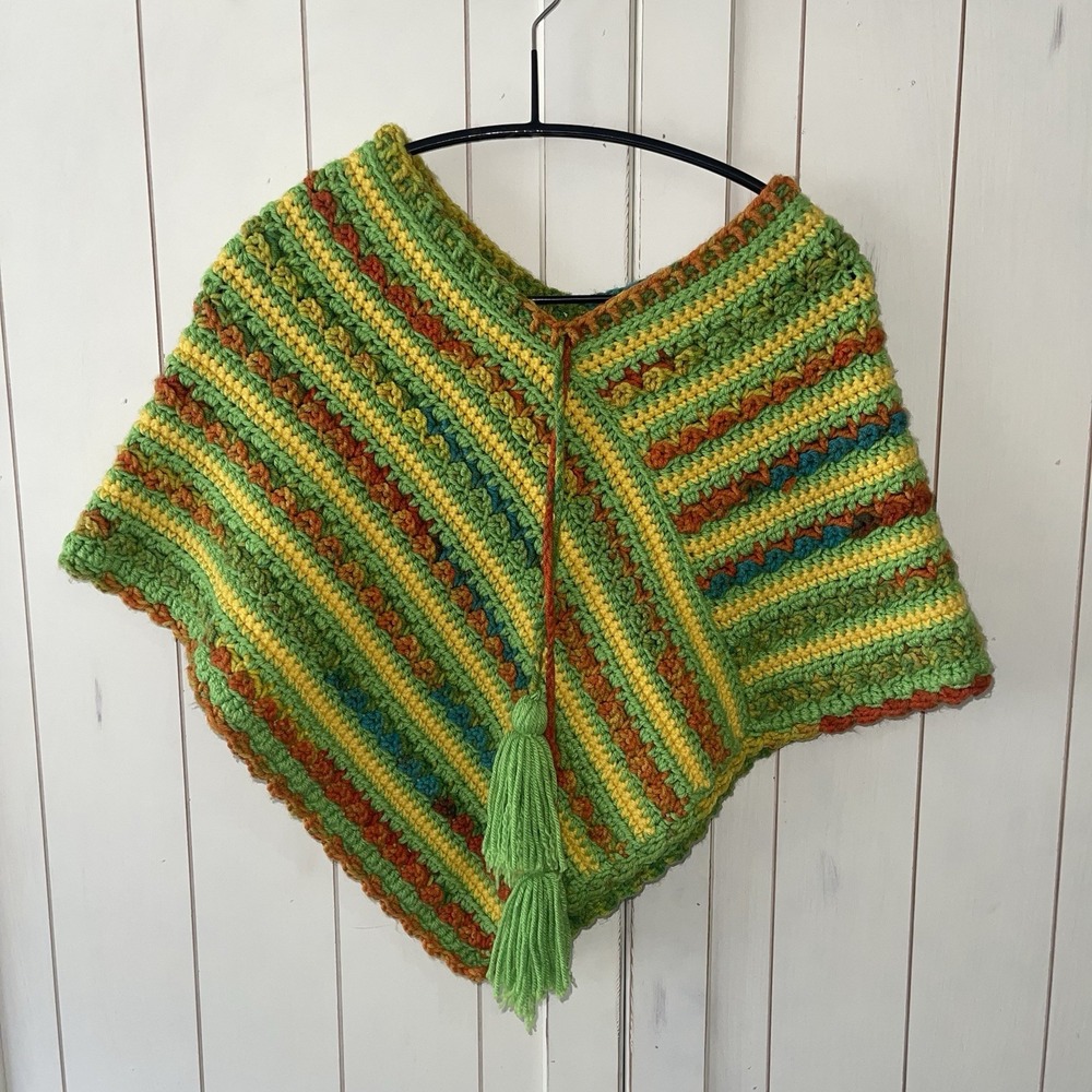 FINAL $ Hand Crocheted Sherbet Color Poncho Tassel Shawl Wrap Hippie Western OS